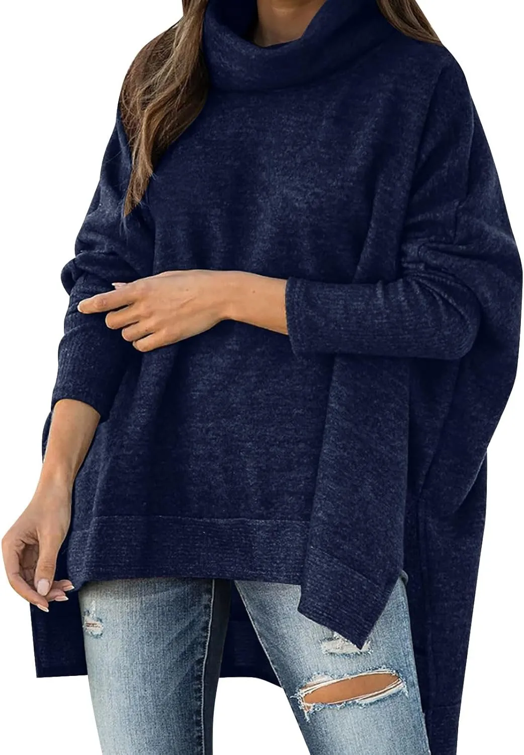 Womens Sweaters Turtleneck Fall Winter Knitted Casual Oversized Long Sleeve Trendy Side Split Retro Pullover Top 2024