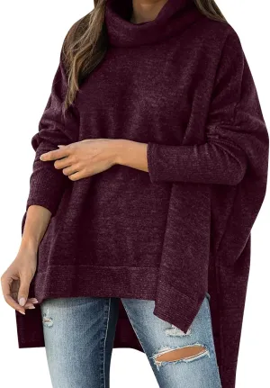 Womens Sweaters Turtleneck Fall Winter Knitted Casual Oversized Long Sleeve Trendy Side Split Retro Pullover Top 2024