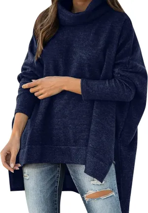 Womens Sweaters Turtleneck Fall Winter Knitted Casual Oversized Long Sleeve Trendy Side Split Retro Pullover Top 2024