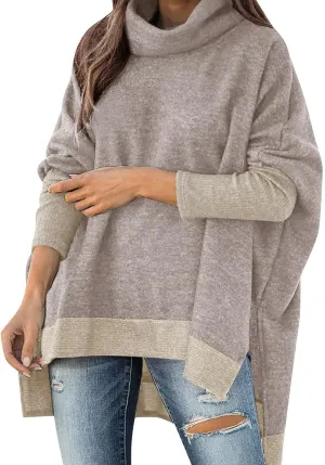 Womens Sweaters Turtleneck Fall Winter Knitted Casual Oversized Long Sleeve Trendy Side Split Retro Pullover Top 2024