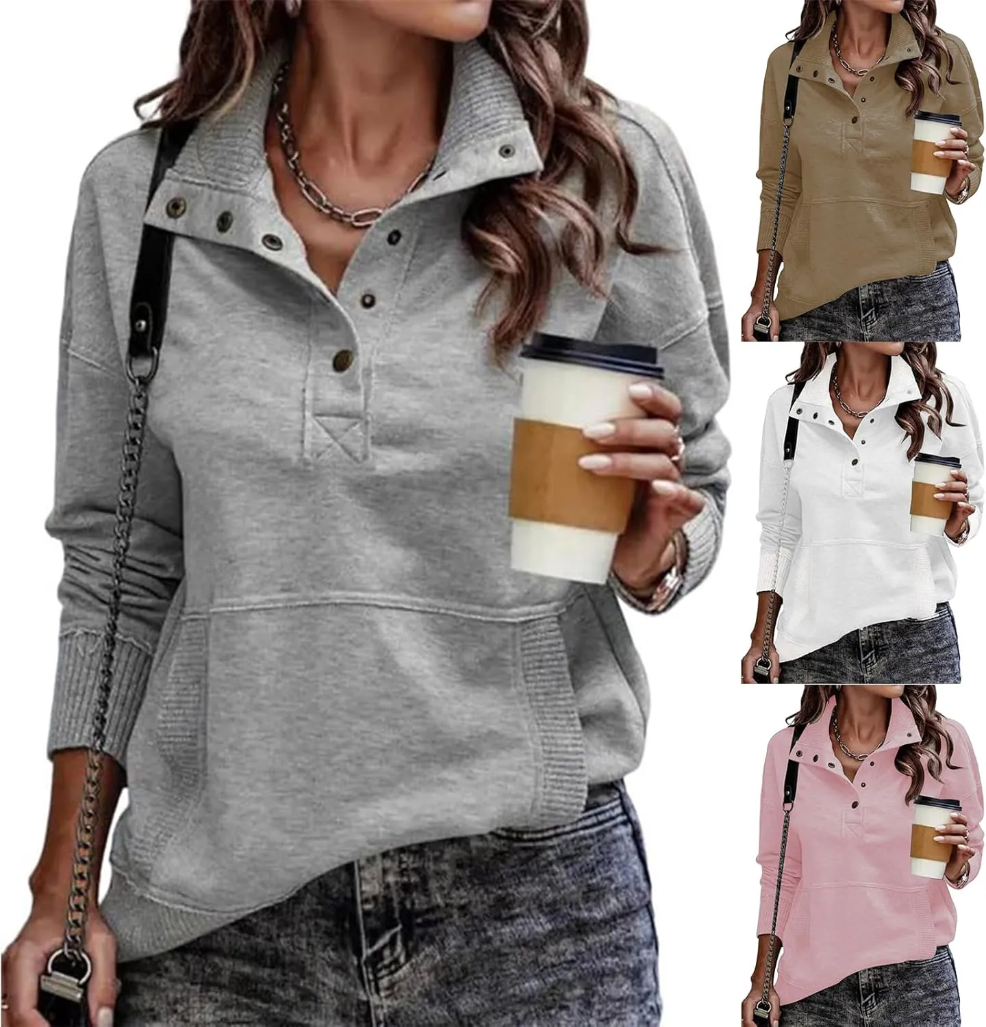 Women's Sweatshirt Casual Long Sleeve Lightweight Sweatshirts Snap Button Up Lapel Loose Pullover Tops for Women