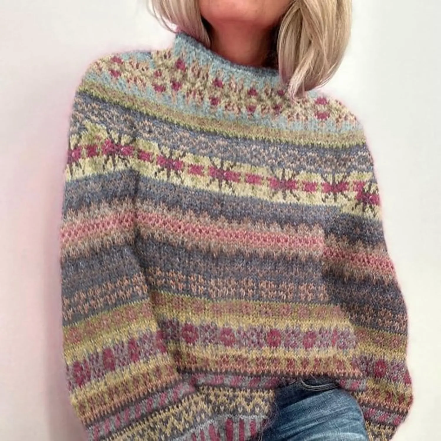 Womens Turtleneck Knitted Fair Isle Print Retro Sweater Long Sleeve Oversized Pullover Fall Sweaters for Women 2025