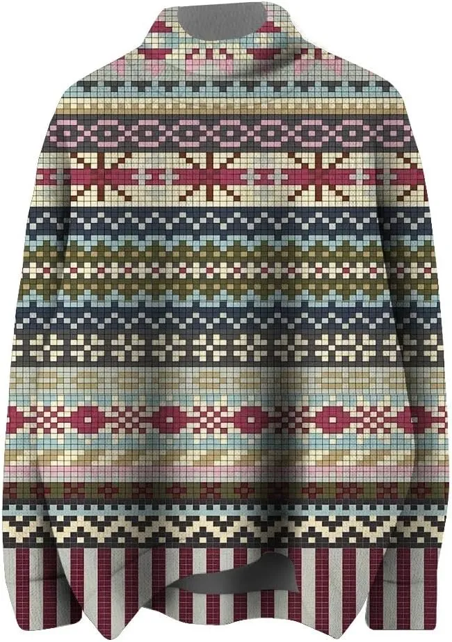 Womens Turtleneck Knitted Fair Isle Print Retro Sweater Long Sleeve Oversized Pullover Fall Sweaters for Women 2025