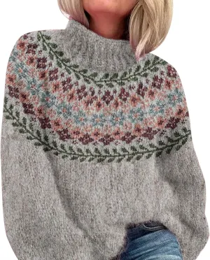 Womens Turtleneck Knitted Fair Isle Print Retro Sweater Long Sleeve Oversized Pullover Fall Sweaters for Women 2025