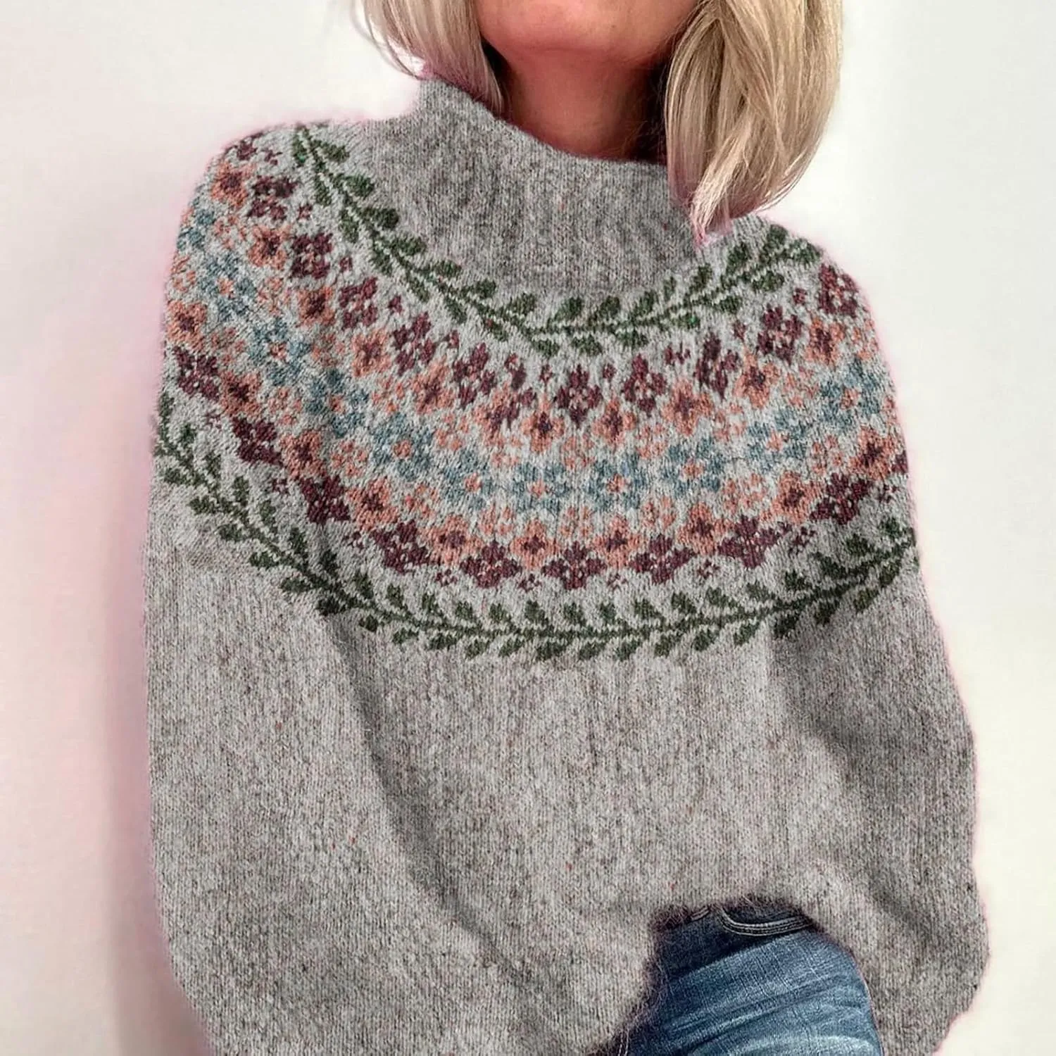 Womens Turtleneck Knitted Fair Isle Print Retro Sweater Long Sleeve Oversized Pullover Fall Sweaters for Women 2025