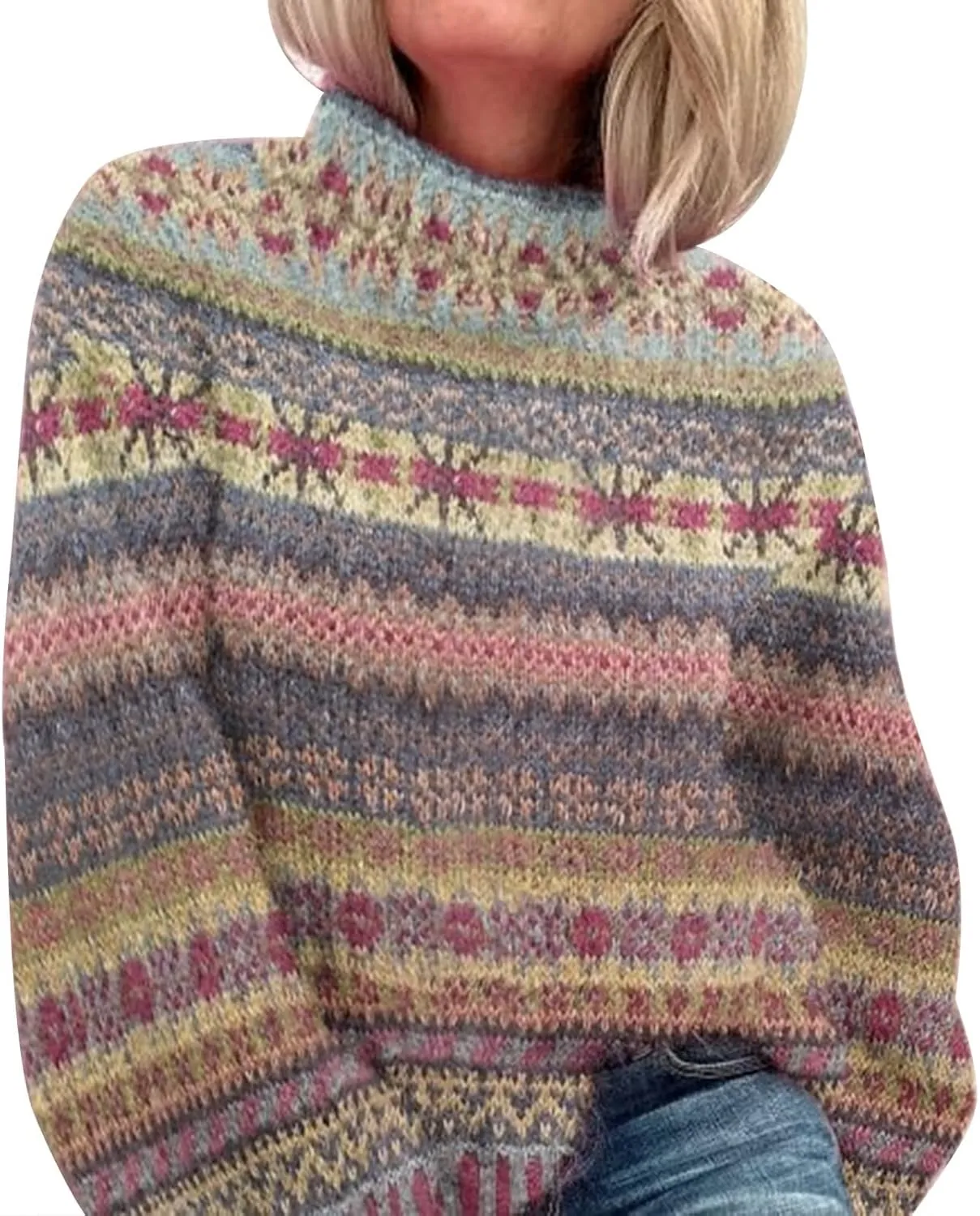 Womens Turtleneck Knitted Fair Isle Print Retro Sweater Long Sleeve Oversized Pullover Fall Sweaters for Women 2025