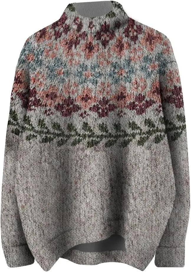 Womens Turtleneck Knitted Fair Isle Print Retro Sweater Long Sleeve Oversized Pullover Fall Sweaters for Women 2025