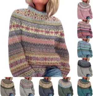 Womens Turtleneck Knitted Fair Isle Print Retro Sweater Long Sleeve Oversized Pullover Fall Sweaters for Women 2025