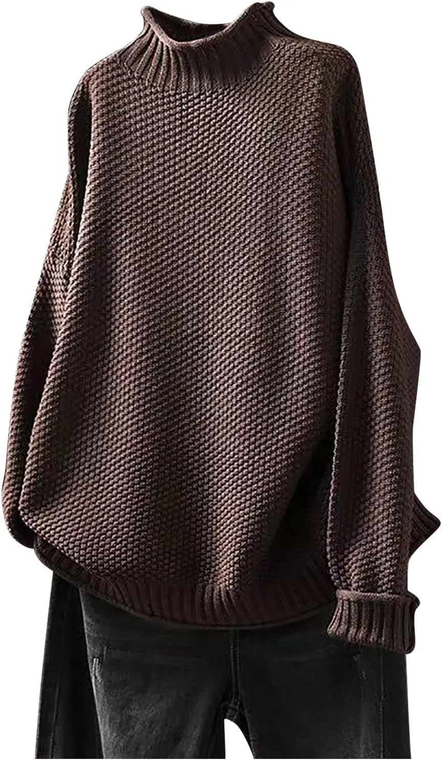 Women's Turtleneck Retro Sweater Chunky Crewneck Long Sleeve Knitted Pullover Sweaters Oversized Fall Basic Top
