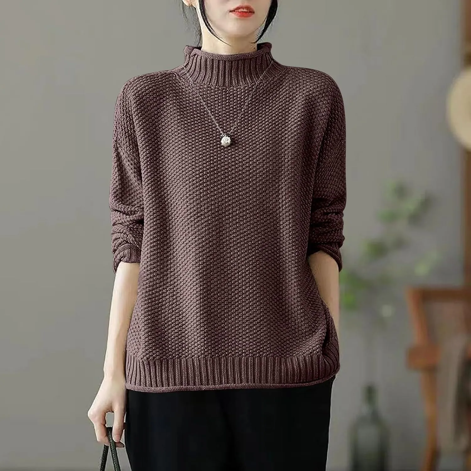 Women's Turtleneck Retro Sweater Chunky Crewneck Long Sleeve Knitted Pullover Sweaters Oversized Fall Basic Top