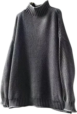 Women's Turtleneck Retro Sweater Chunky Crewneck Long Sleeve Knitted Pullover Sweaters Oversized Fall Basic Top