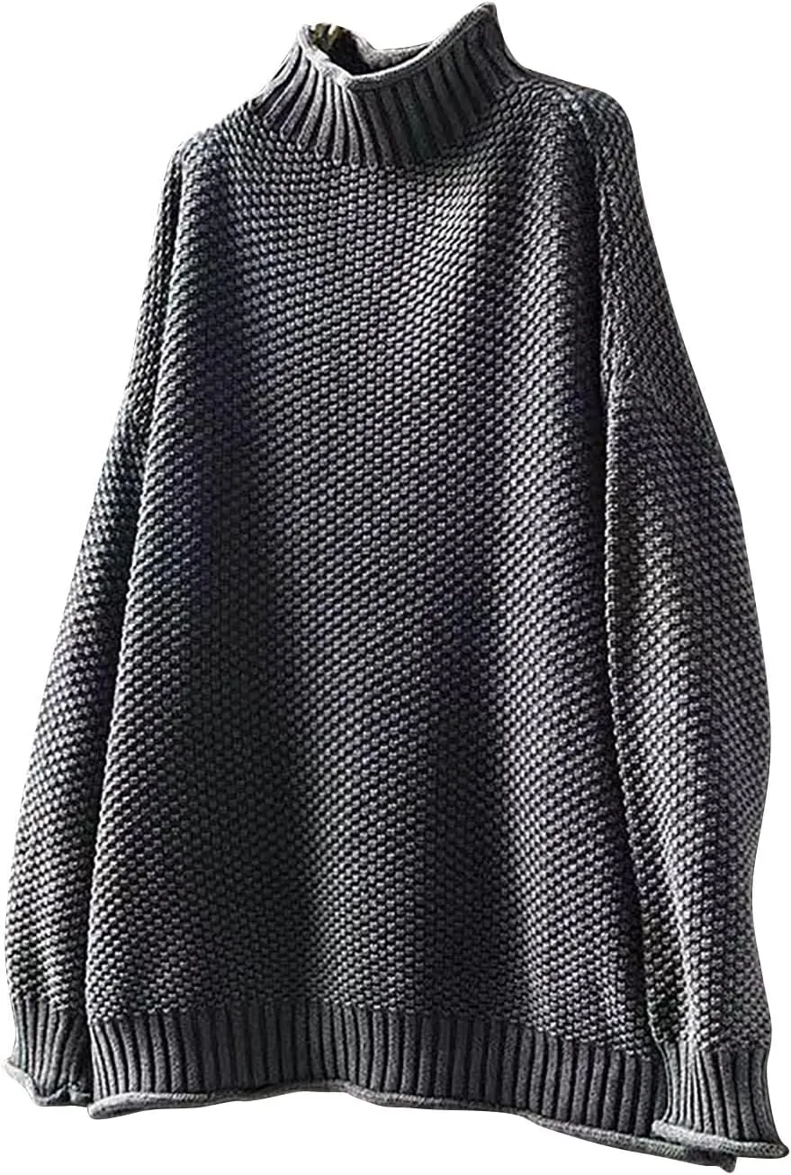 Women's Turtleneck Retro Sweater Chunky Crewneck Long Sleeve Knitted Pullover Sweaters Oversized Fall Basic Top