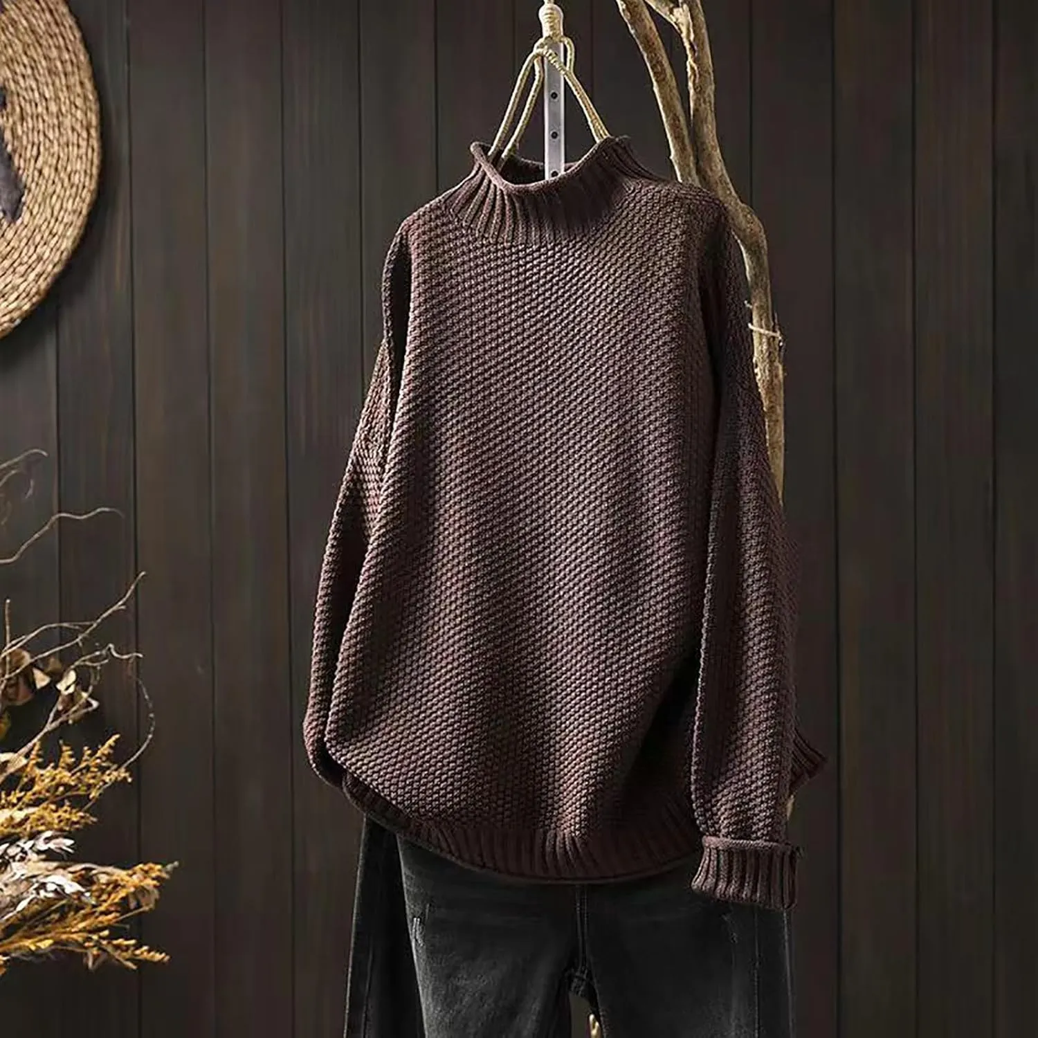 Women's Turtleneck Retro Sweater Chunky Crewneck Long Sleeve Knitted Pullover Sweaters Oversized Fall Basic Top