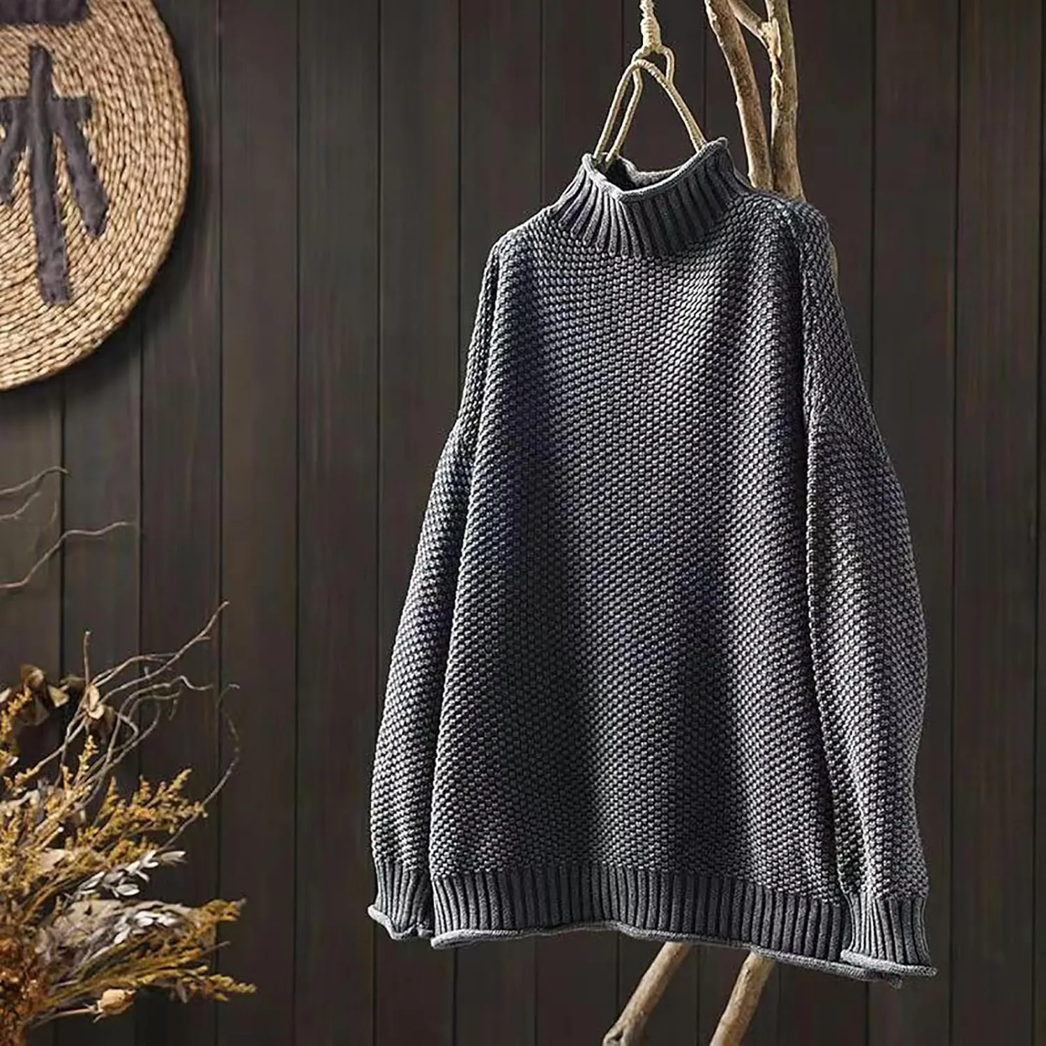 Women's Turtleneck Retro Sweater Chunky Crewneck Long Sleeve Knitted Pullover Sweaters Oversized Fall Basic Top