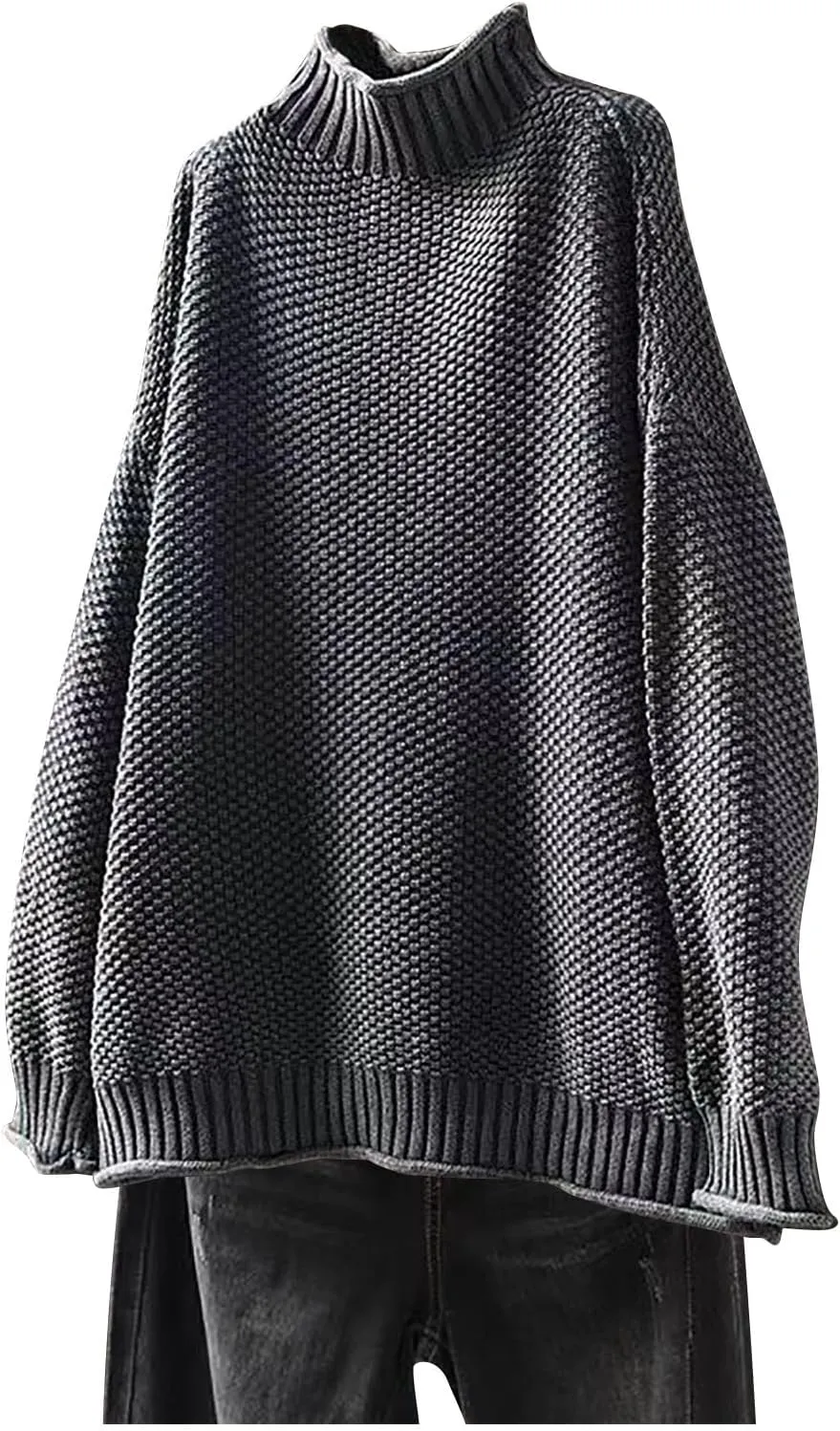 Women's Turtleneck Retro Sweater Chunky Crewneck Long Sleeve Knitted Pullover Sweaters Oversized Fall Basic Top