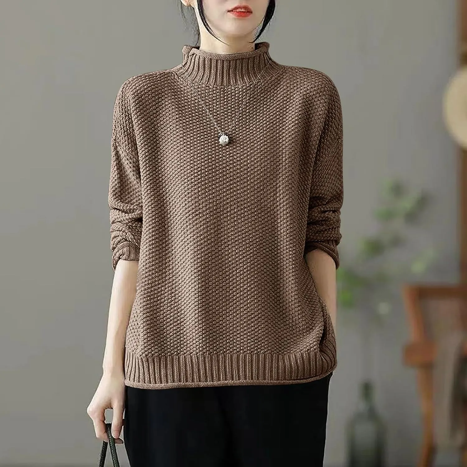 Women's Turtleneck Retro Sweater Chunky Crewneck Long Sleeve Knitted Pullover Sweaters Oversized Fall Basic Top