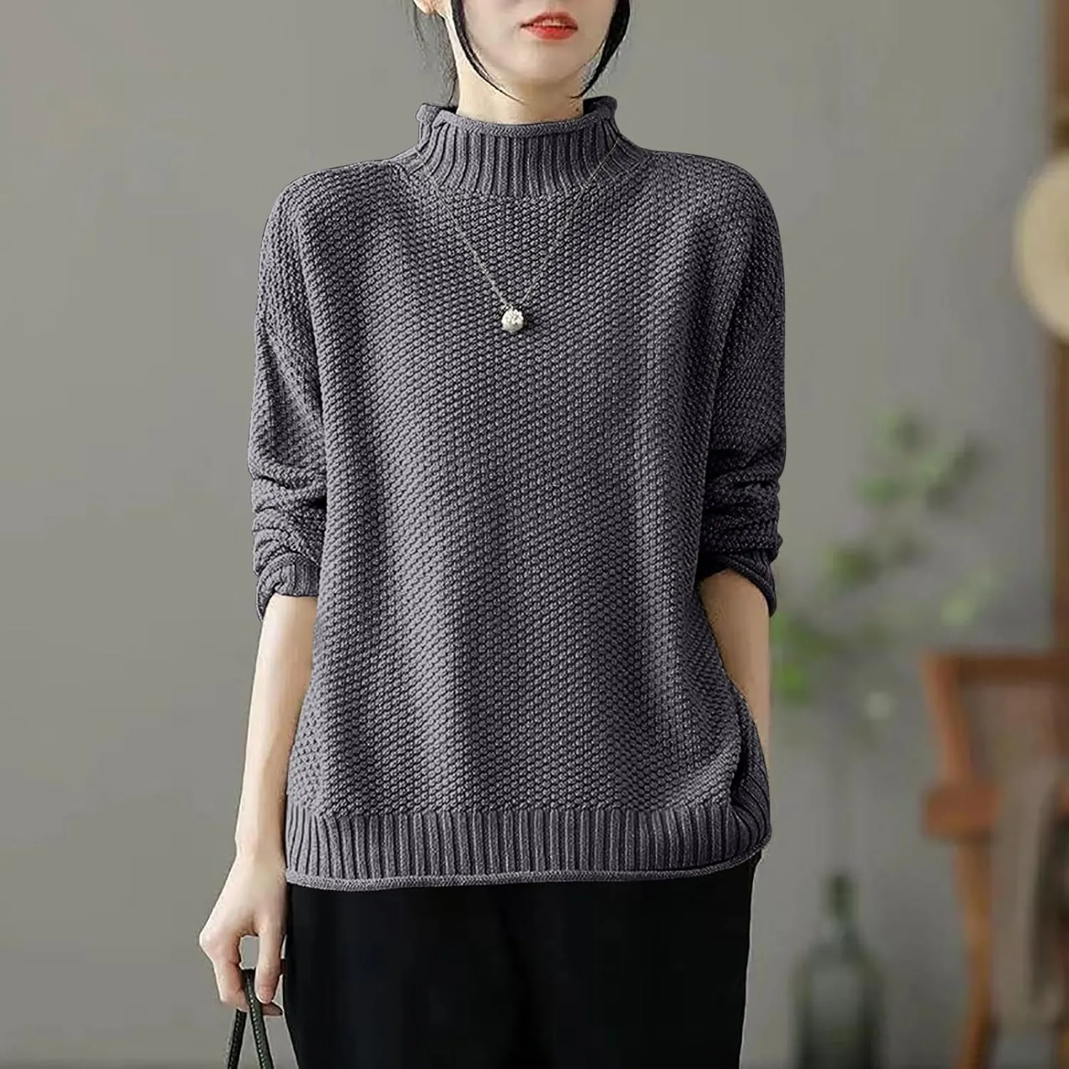 Women's Turtleneck Retro Sweater Chunky Crewneck Long Sleeve Knitted Pullover Sweaters Oversized Fall Basic Top