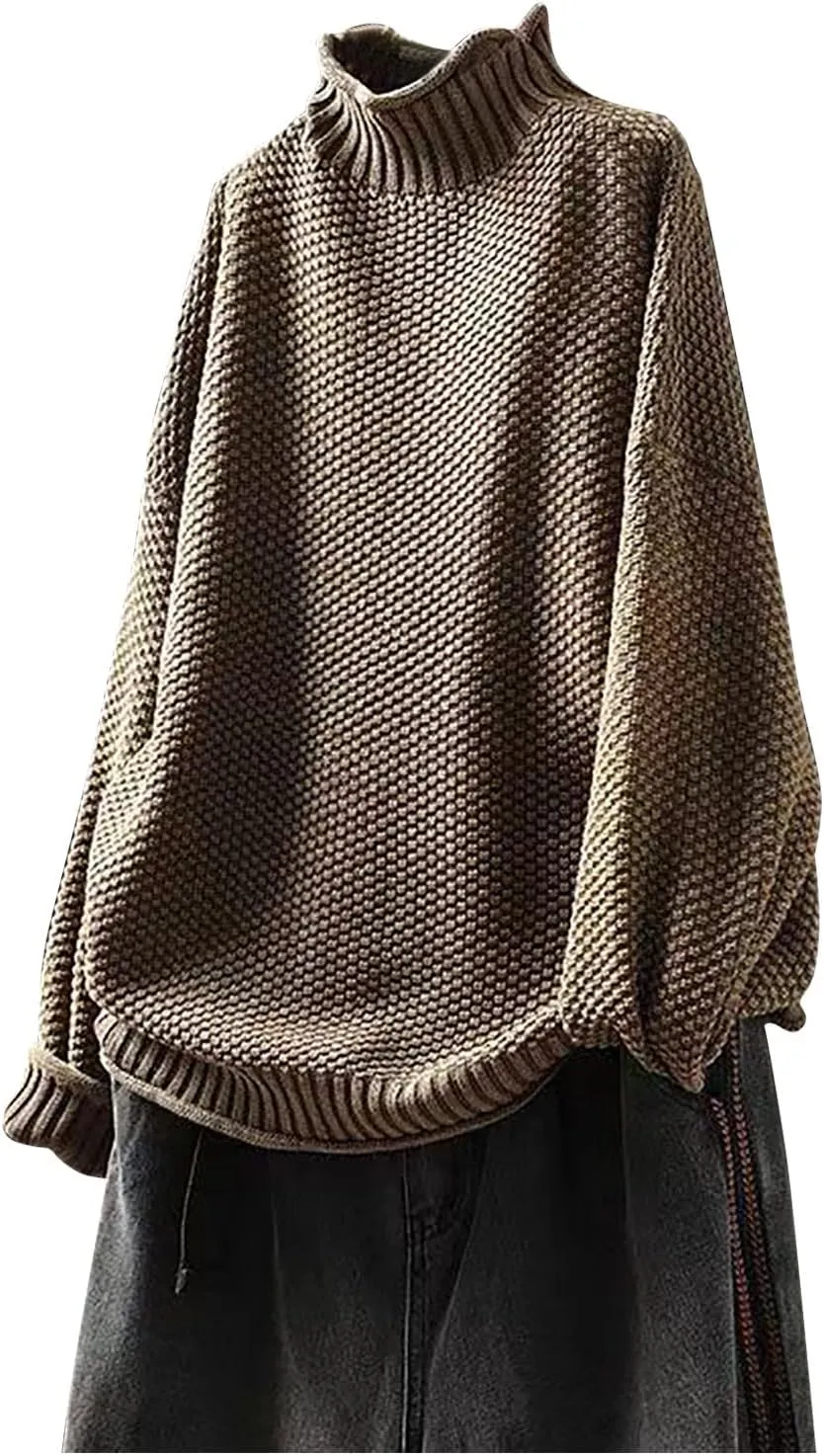 Women's Turtleneck Retro Sweater Chunky Crewneck Long Sleeve Knitted Pullover Sweaters Oversized Fall Basic Top