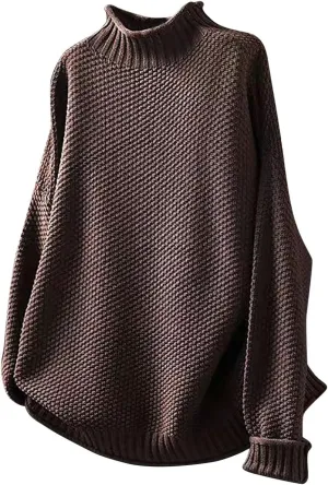 Women's Turtleneck Retro Sweater Chunky Crewneck Long Sleeve Knitted Pullover Sweaters Oversized Fall Basic Top