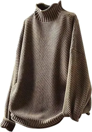 Women's Turtleneck Retro Sweater Chunky Crewneck Long Sleeve Knitted Pullover Sweaters Oversized Fall Basic Top