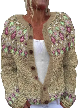 Women's Vintage Fair Isle Sweater Vintage Long Sleeve Boat Neck Retro Lightweight Cardigan Top for Fall Winter