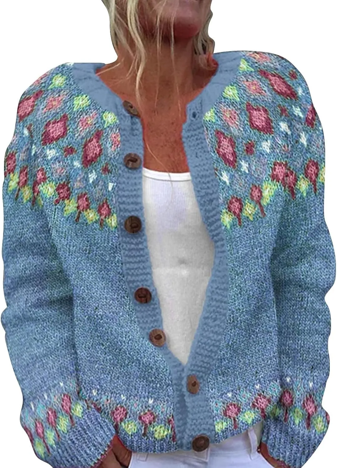 Women's Vintage Fair Isle Sweater Vintage Long Sleeve Boat Neck Retro Lightweight Cardigan Top for Fall Winter