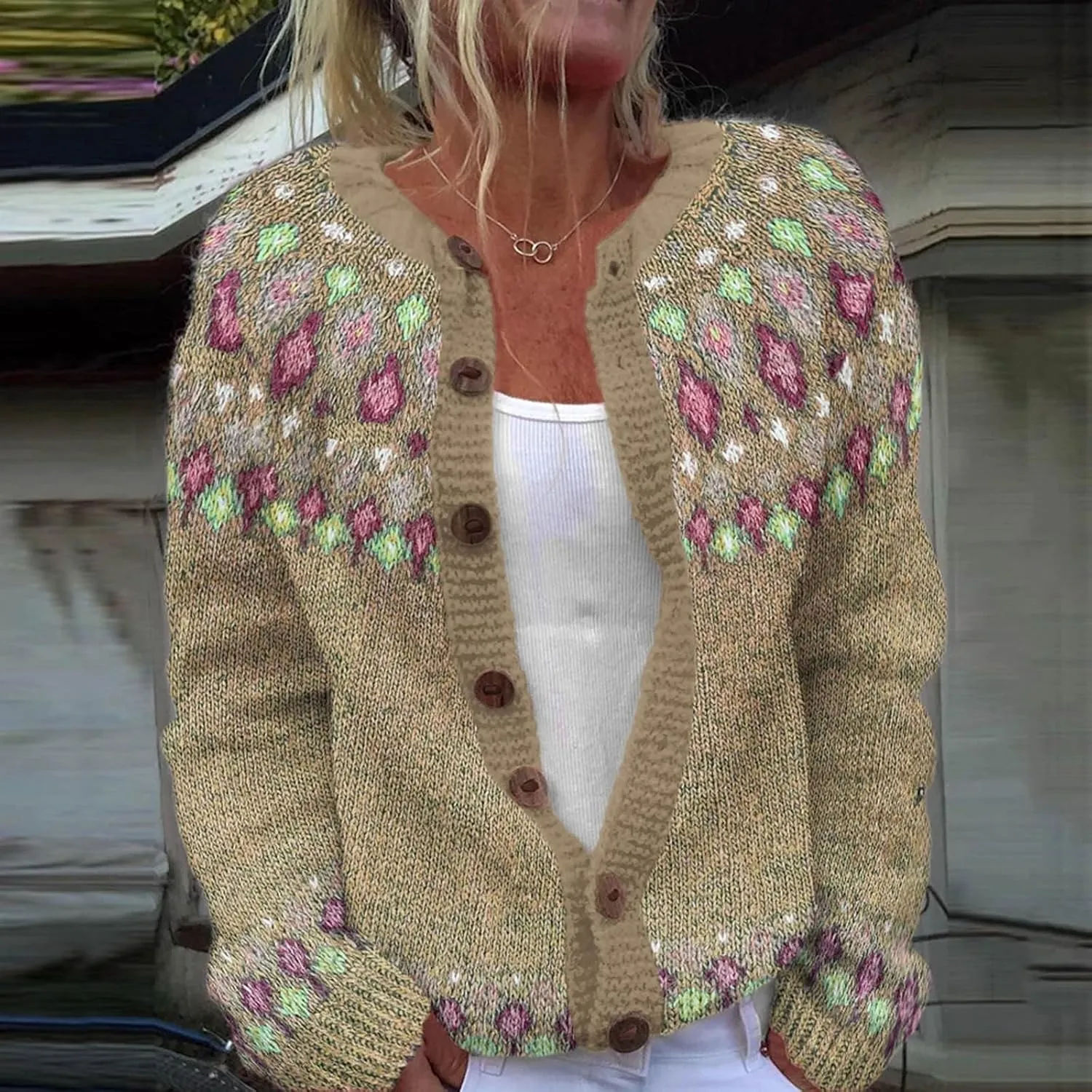 Women's Vintage Fair Isle Sweater Vintage Long Sleeve Boat Neck Retro Lightweight Cardigan Top for Fall Winter