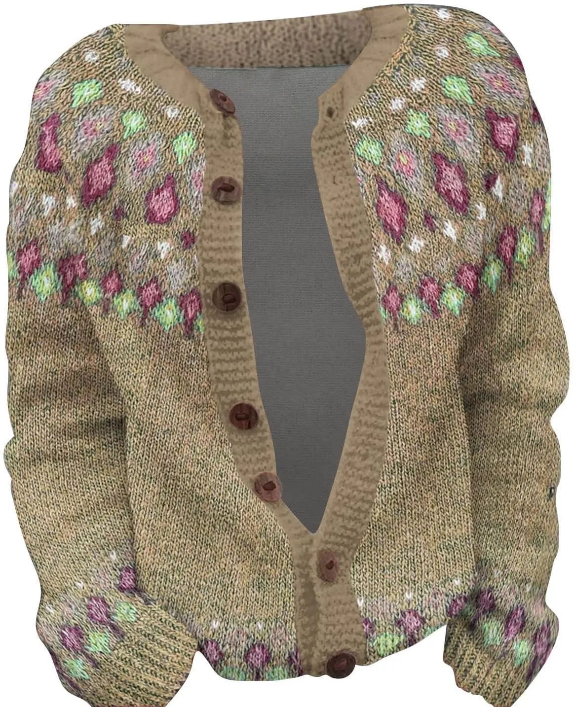Women's Vintage Fair Isle Sweater Vintage Long Sleeve Boat Neck Retro Lightweight Cardigan Top for Fall Winter