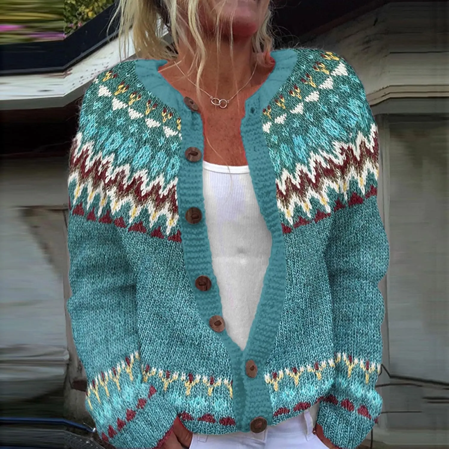 Women's Vintage Fair Isle Sweater Vintage Long Sleeve Boat Neck Retro Lightweight Cardigan Top for Fall Winter