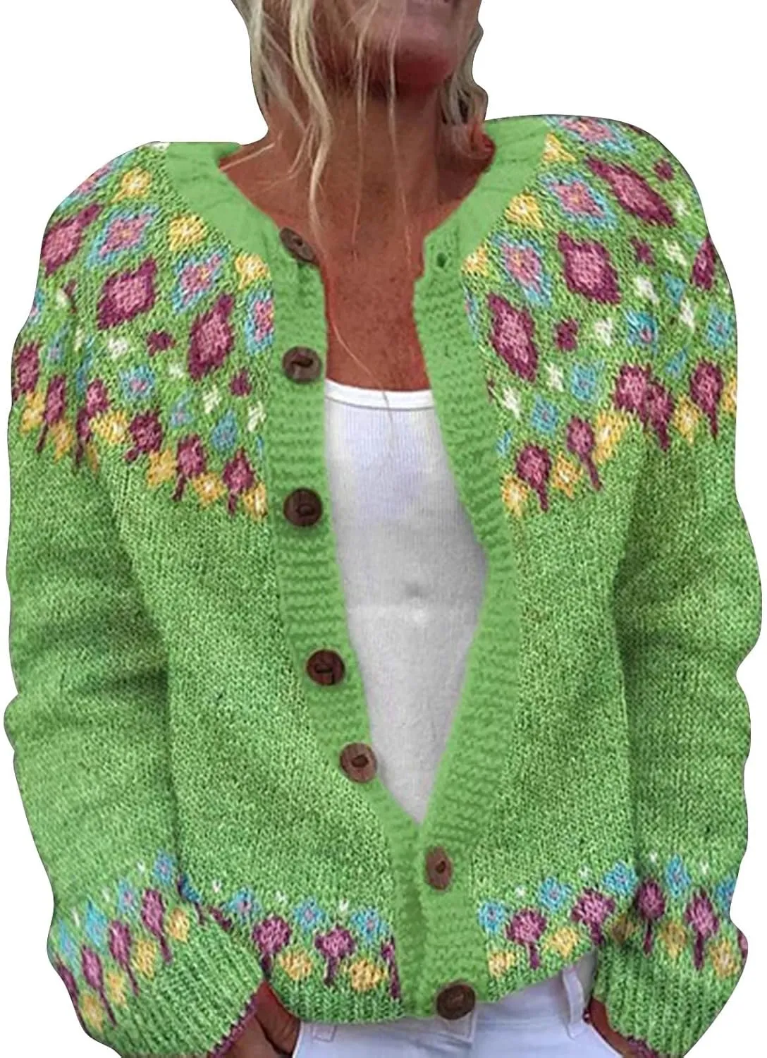 Women's Vintage Fair Isle Sweater Vintage Long Sleeve Boat Neck Retro Lightweight Cardigan Top for Fall Winter