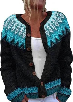 Women's Vintage Fair Isle Sweater Vintage Long Sleeve Boat Neck Retro Lightweight Cardigan Top for Fall Winter