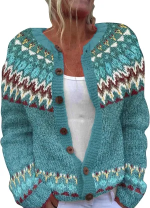 Women's Vintage Fair Isle Sweater Vintage Long Sleeve Boat Neck Retro Lightweight Cardigan Top for Fall Winter