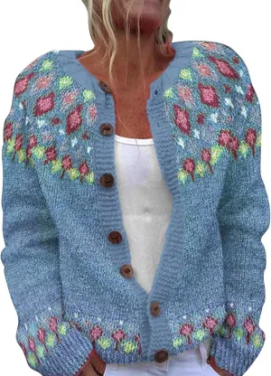 Women's Vintage Fair Isle Sweater Vintage Long Sleeve Boat Neck Retro Lightweight Cardigan Top for Fall Winter