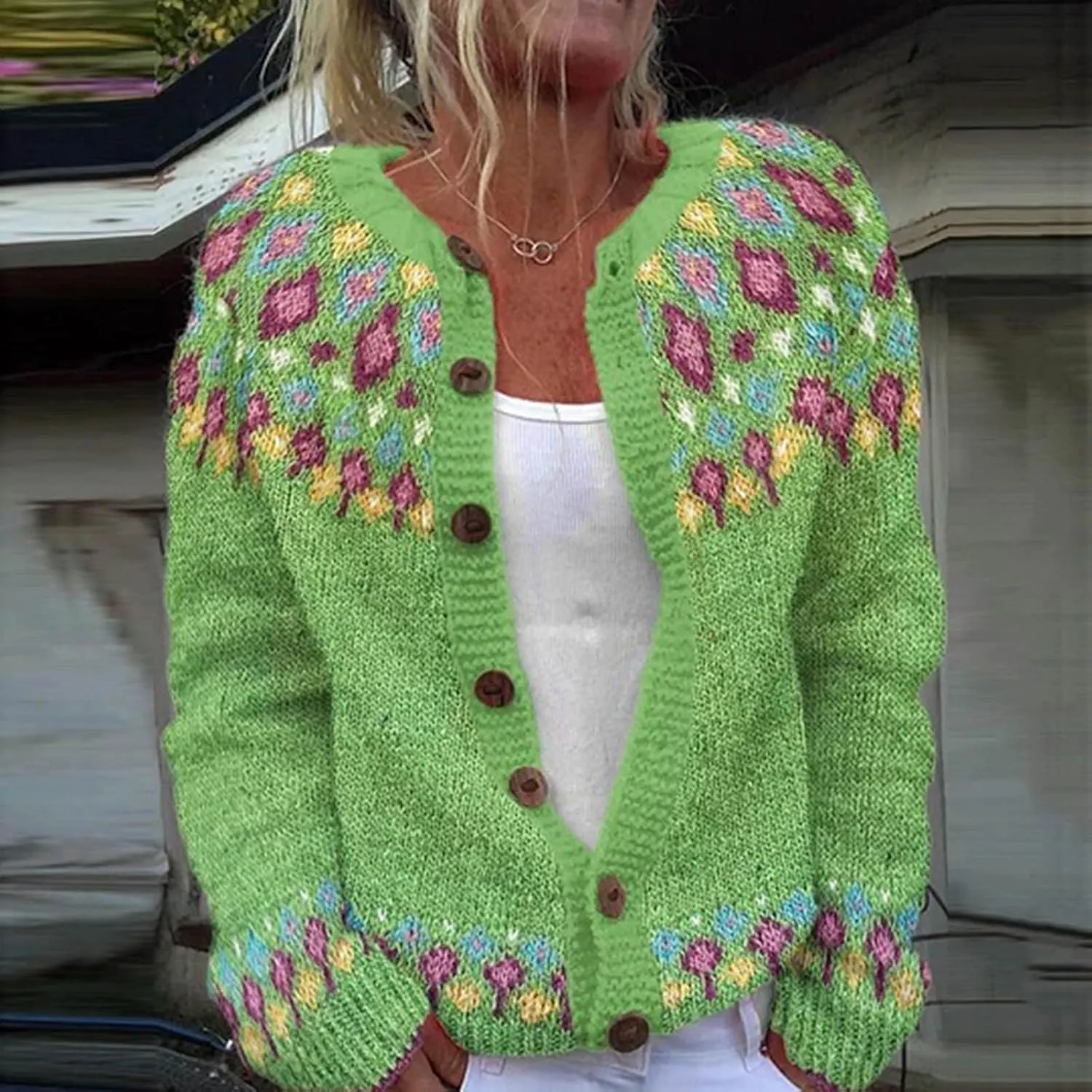 Women's Vintage Fair Isle Sweater Vintage Long Sleeve Boat Neck Retro Lightweight Cardigan Top for Fall Winter