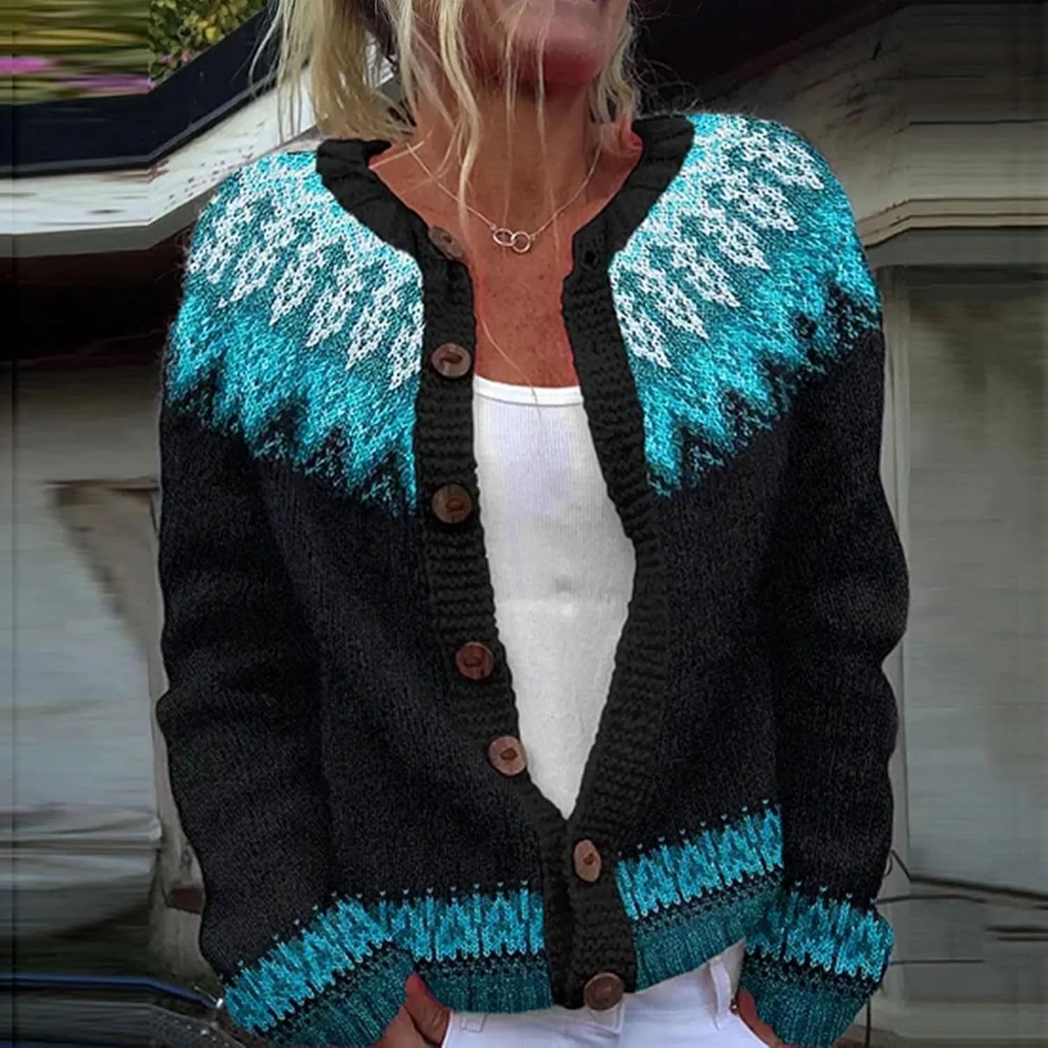 Women's Vintage Fair Isle Sweater Vintage Long Sleeve Boat Neck Retro Lightweight Cardigan Top for Fall Winter