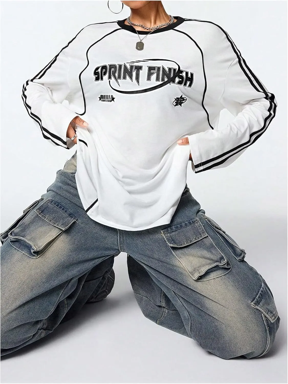 Women's Vintage Football Graphic Tee Tops Stripe Side Crewneck Long Sleeve Oversized Jersey Shirts