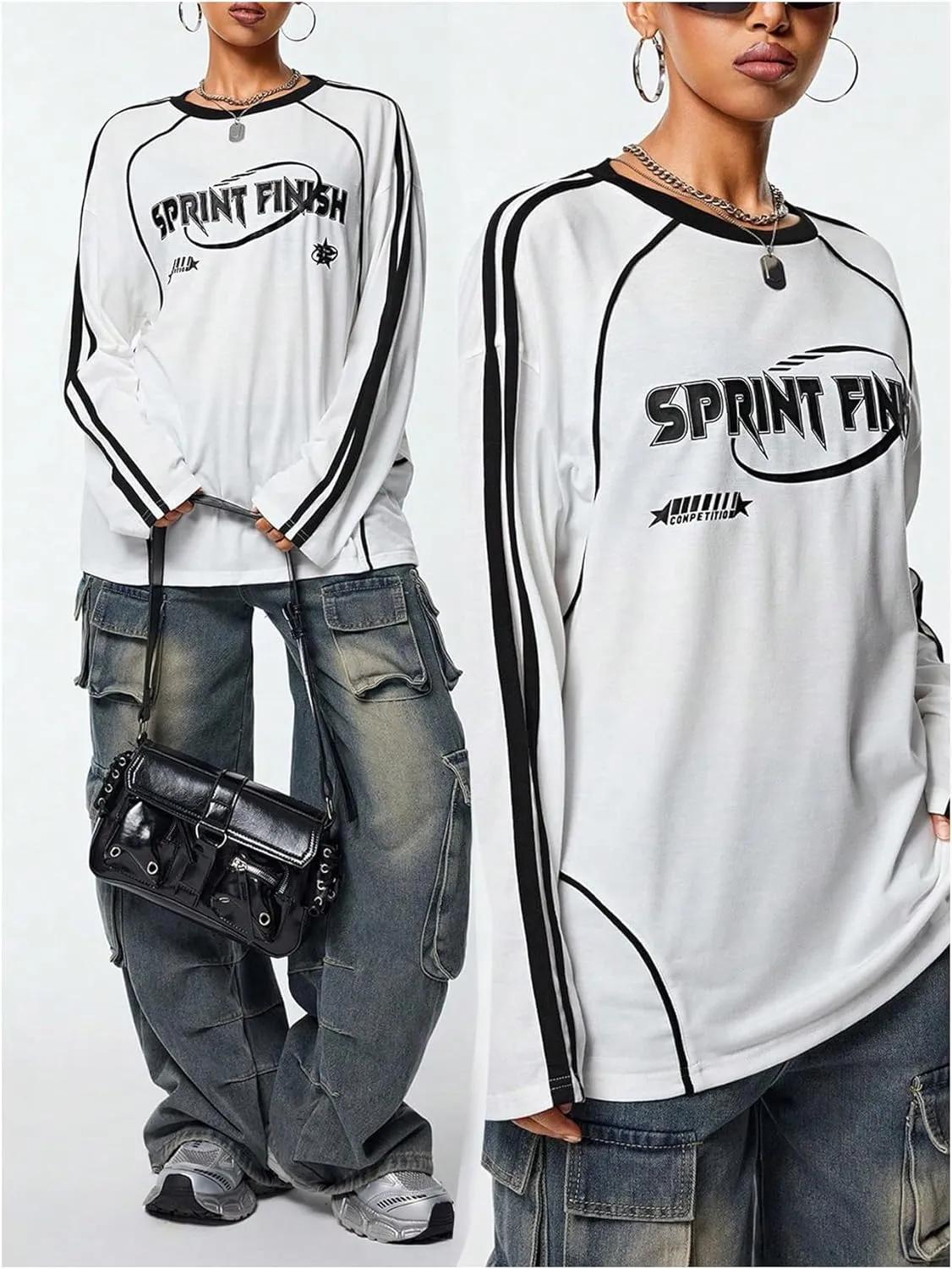 Women's Vintage Football Graphic Tee Tops Stripe Side Crewneck Long Sleeve Oversized Jersey Shirts