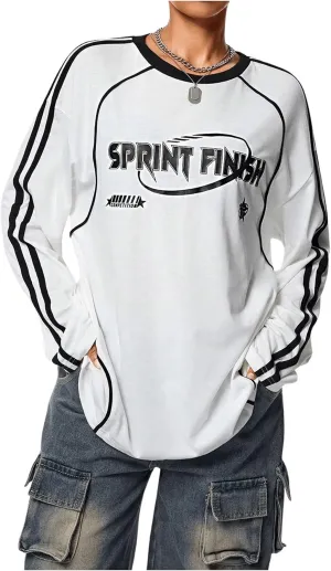 Women's Vintage Football Graphic Tee Tops Stripe Side Crewneck Long Sleeve Oversized Jersey Shirts