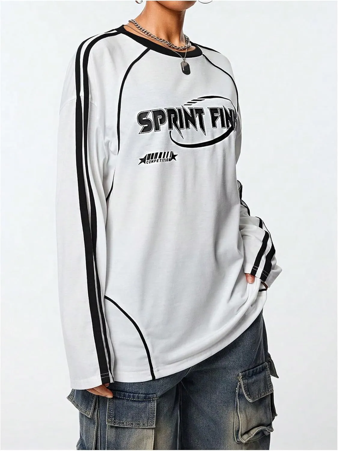 Women's Vintage Football Graphic Tee Tops Stripe Side Crewneck Long Sleeve Oversized Jersey Shirts