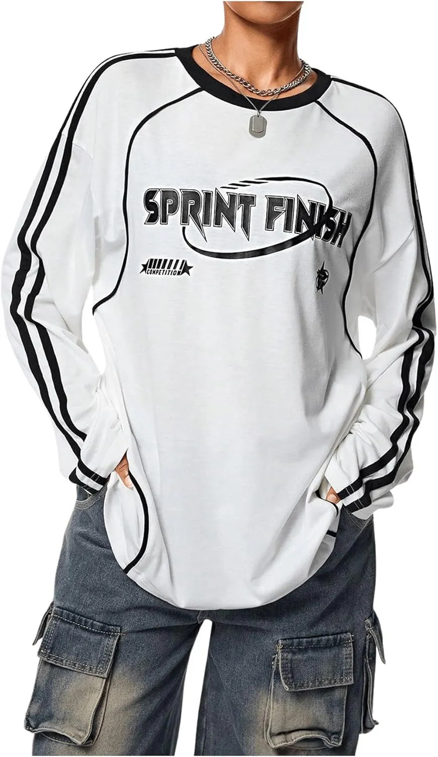 Women's Vintage Football Graphic Tee Tops Stripe Side Crewneck Long Sleeve Oversized Jersey Shirts