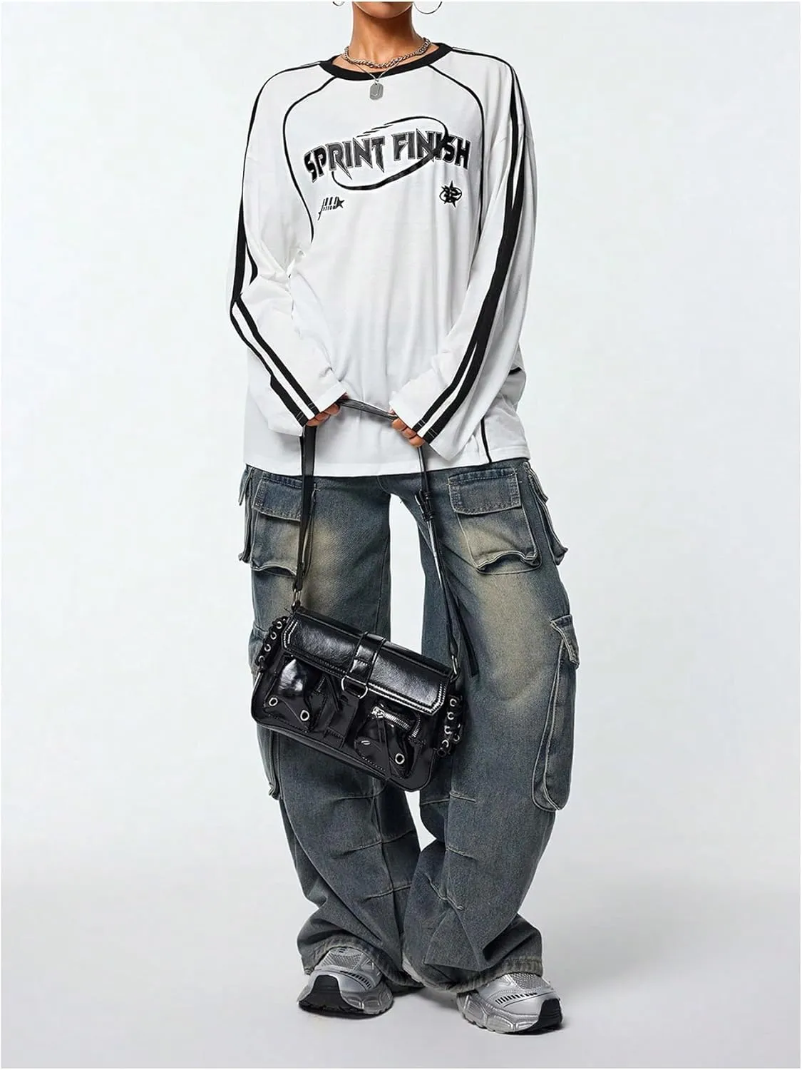 Women's Vintage Football Graphic Tee Tops Stripe Side Crewneck Long Sleeve Oversized Jersey Shirts