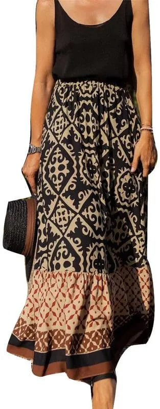 Womens Vintage Print Maxi Long Skirt High Waist A Line Boho Skirt Ruffle Tiered Maxi Skirts