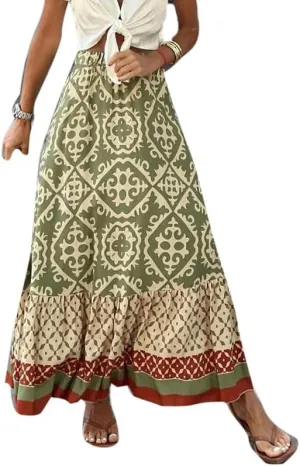 Womens Vintage Print Maxi Long Skirt High Waist A Line Boho Skirt Ruffle Tiered Maxi Skirts