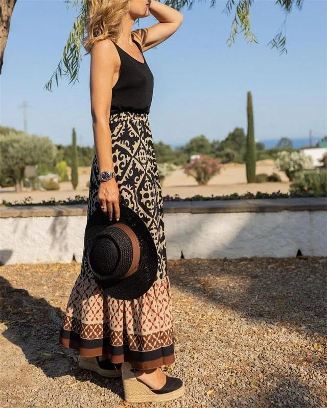Womens Vintage Print Maxi Long Skirt High Waist A Line Boho Skirt Ruffle Tiered Maxi Skirts