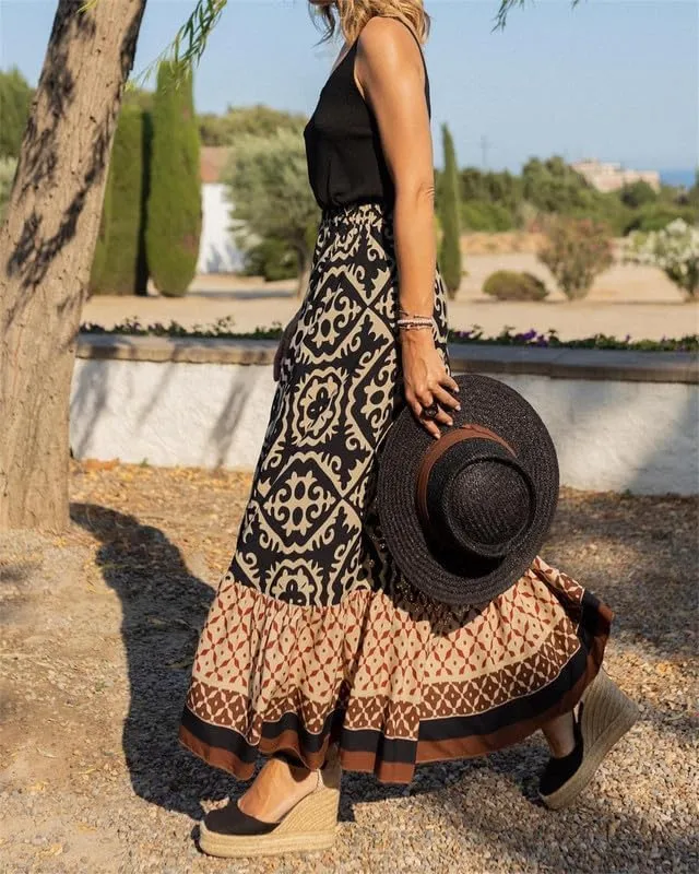 Womens Vintage Print Maxi Long Skirt High Waist A Line Boho Skirt Ruffle Tiered Maxi Skirts