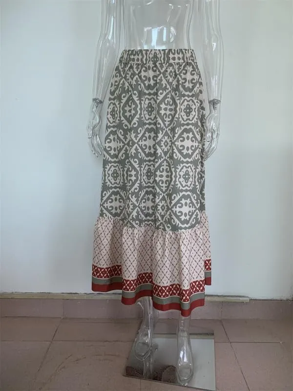Womens Vintage Print Maxi Long Skirt High Waist A Line Boho Skirt Ruffle Tiered Maxi Skirts