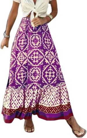 Womens Vintage Print Maxi Long Skirt High Waist A Line Boho Skirt Ruffle Tiered Maxi Skirts