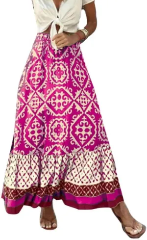 Womens Vintage Print Maxi Long Skirt High Waist A Line Boho Skirt Ruffle Tiered Maxi Skirts