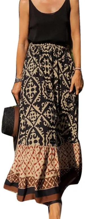 Womens Vintage Print Maxi Long Skirt High Waist A Line Boho Skirt Ruffle Tiered Maxi Skirts