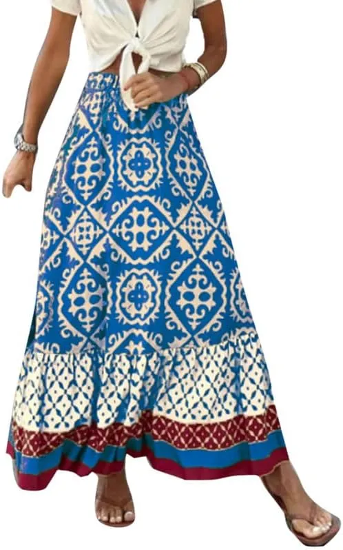 Womens Vintage Print Maxi Long Skirt High Waist A Line Boho Skirt Ruffle Tiered Maxi Skirts